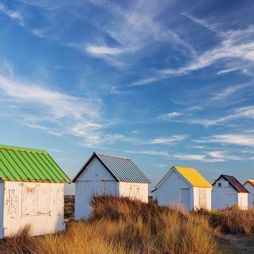 Beach cabins of Gouville sur Mer, France