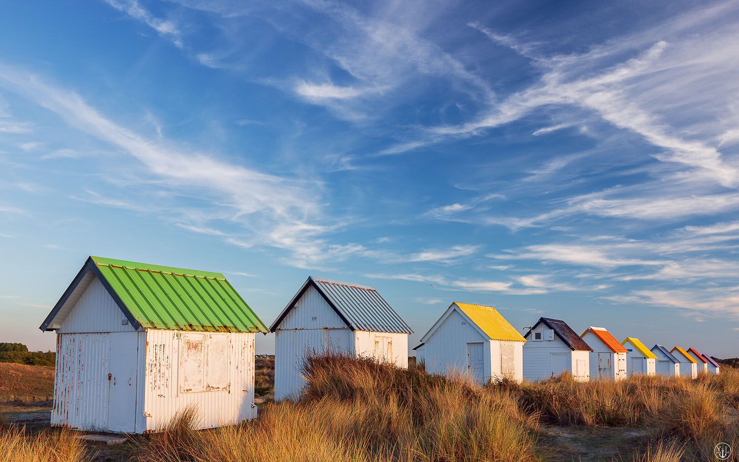 Beach cabins of Gouville sur Mer, France