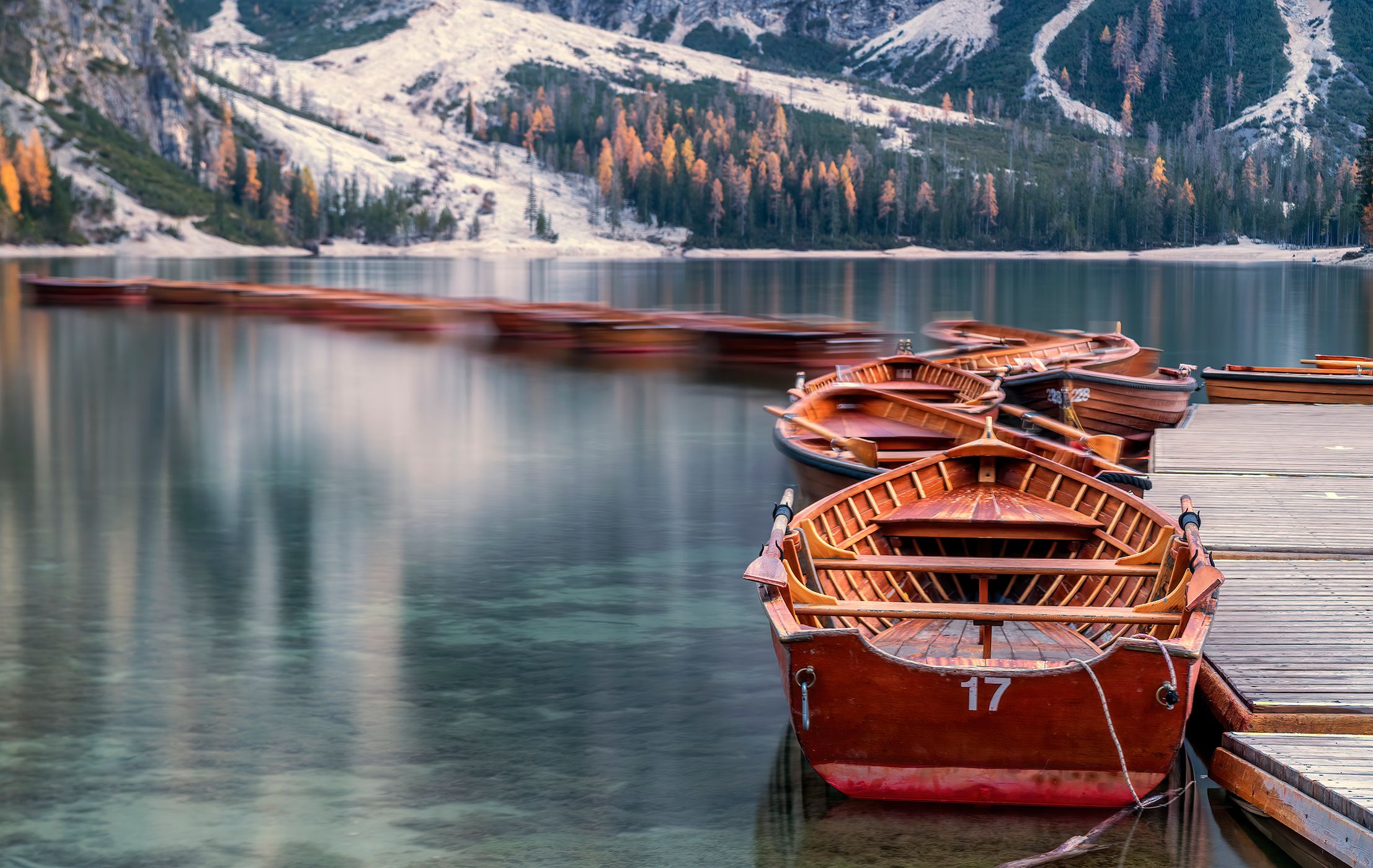 View from the Pier at Lago di Braies Prager Wildsee, Dolomites, Italy