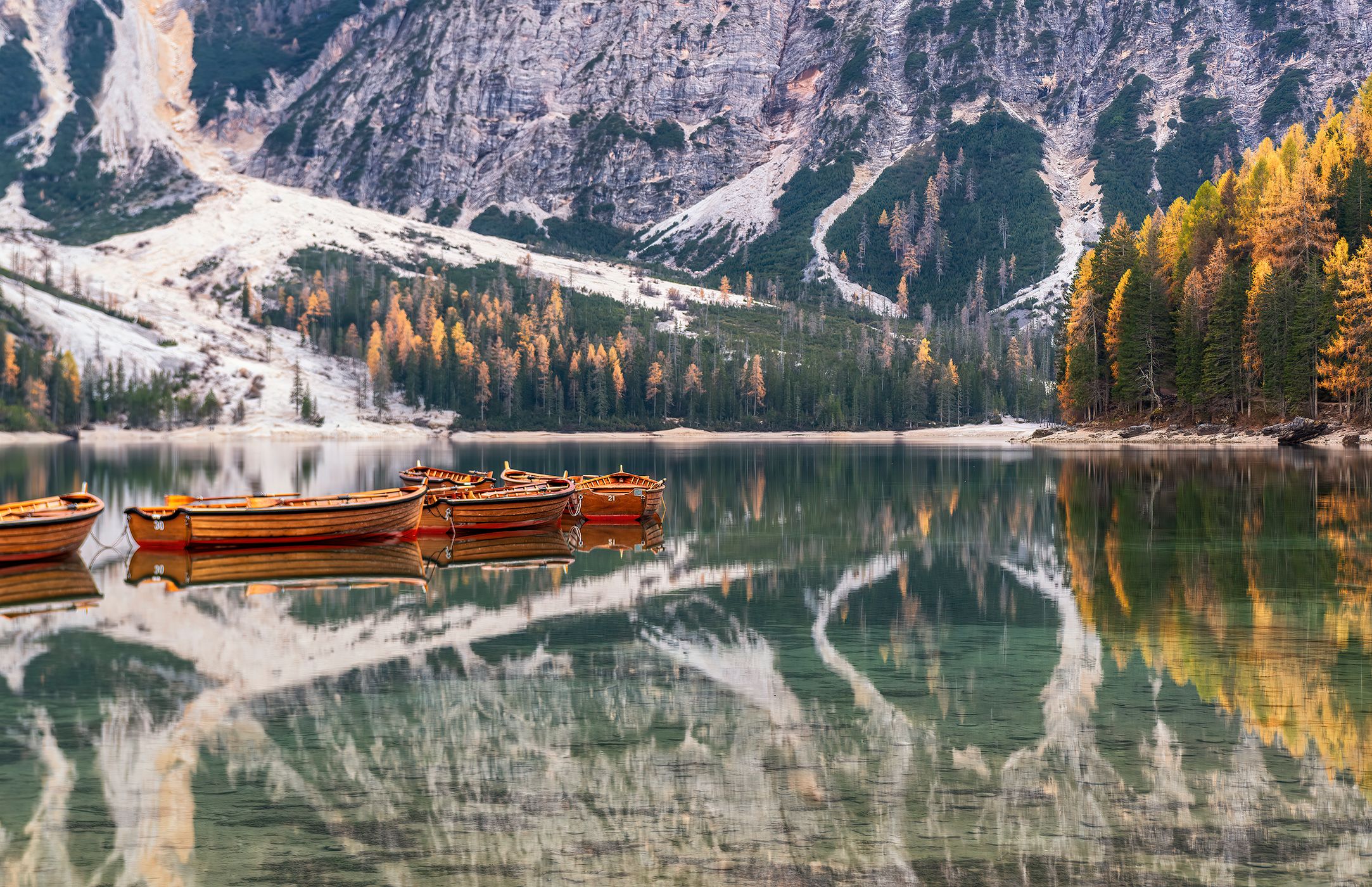 View from the Pier at Lago di Braies Prager Wildsee, Dolomites, Italy