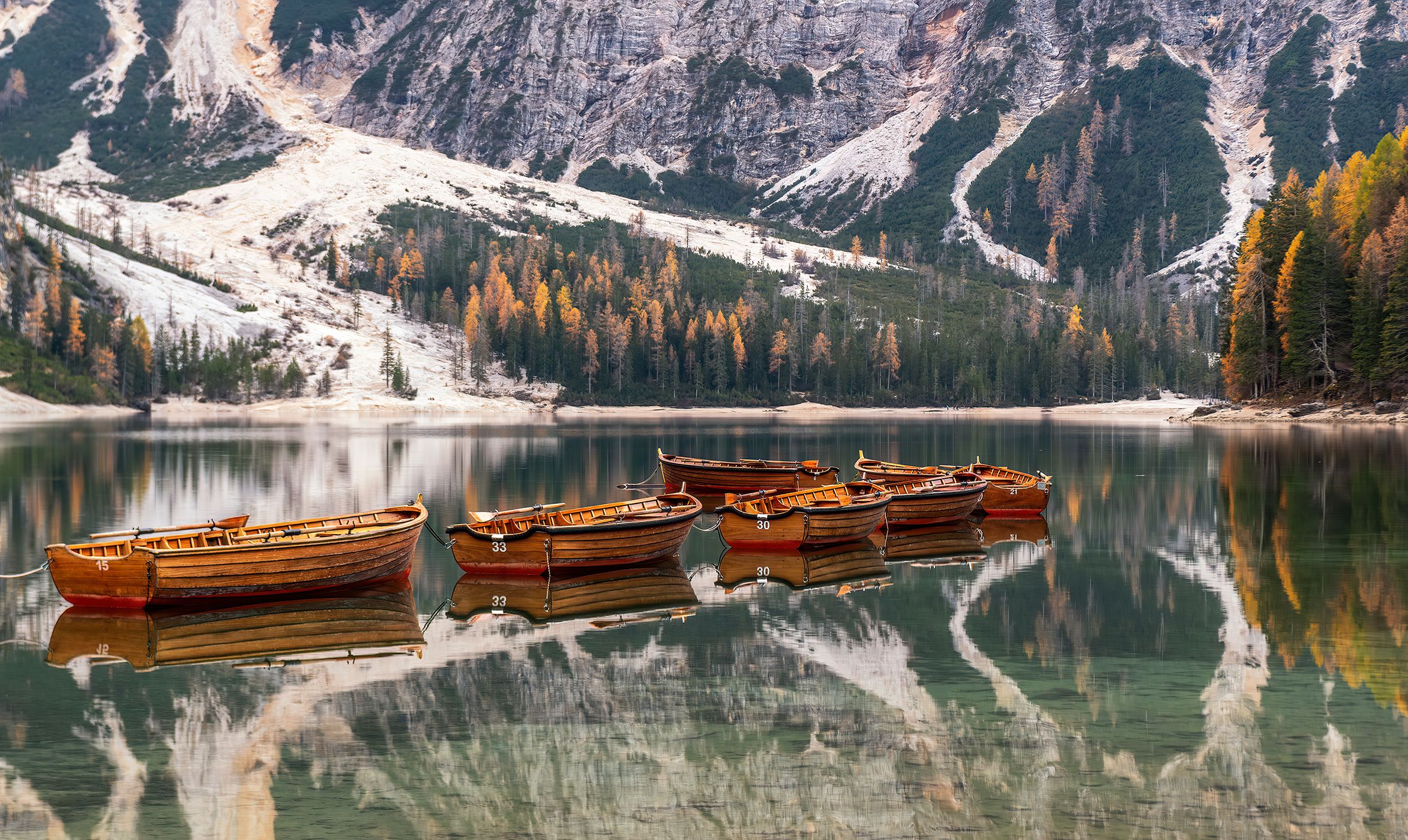 View from the Pier at Lago di Braies Prager Wildsee, Dolomites, Italy