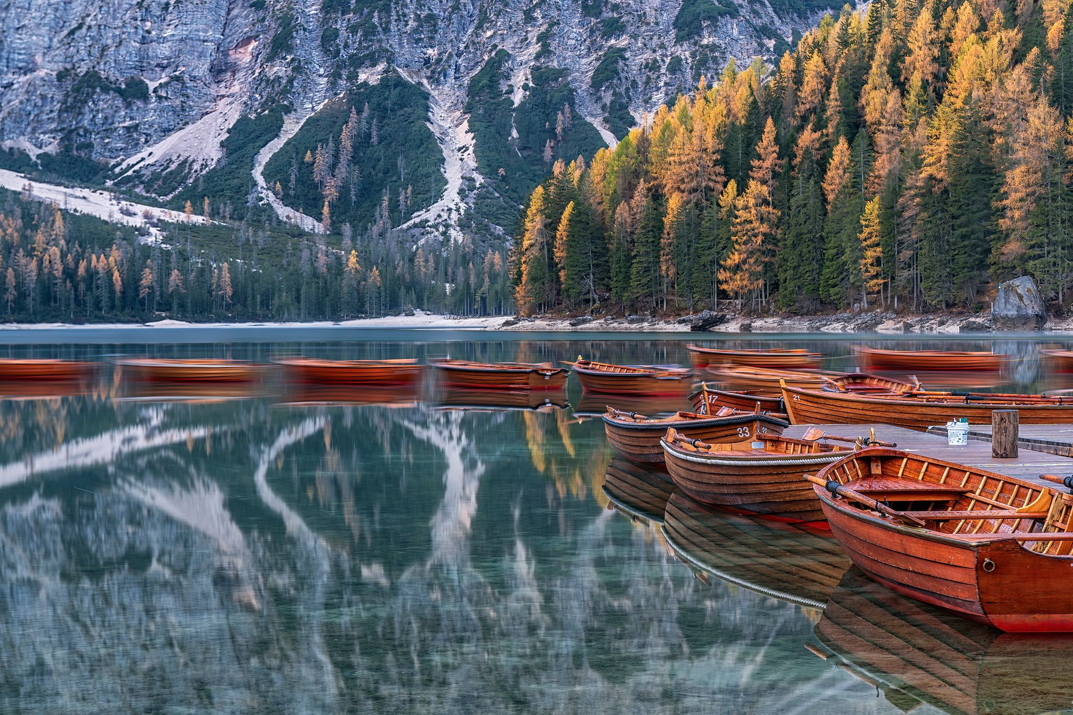 View from the Pier at Lago di Braies Prager Wildsee, Dolomites, Italy