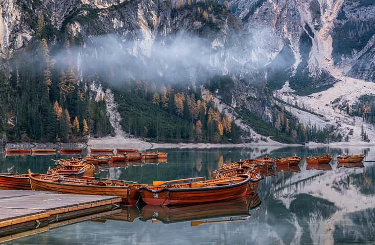 View from the Pier at Lago di Braies Prager Wildsee, Dolomites