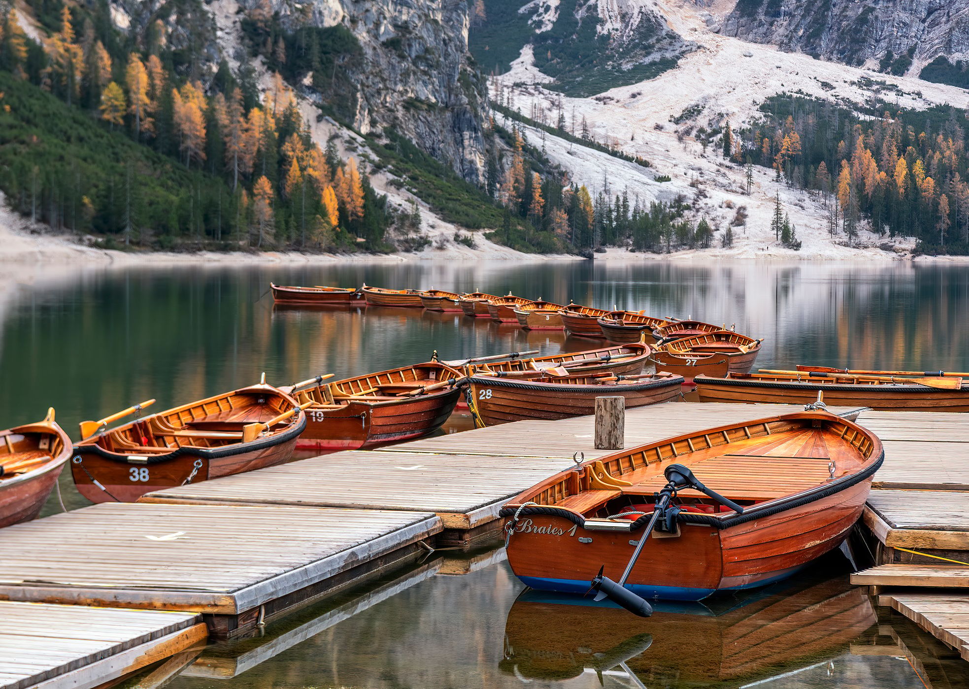 View from the Pier at Lago di Braies Prager Wildsee, Dolomites, Italy