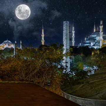 Night roof top view of the mosques, Turkey (Türkiye)