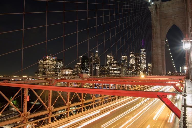 Nightime Views of NYC skyline from Brooklyn Bridge