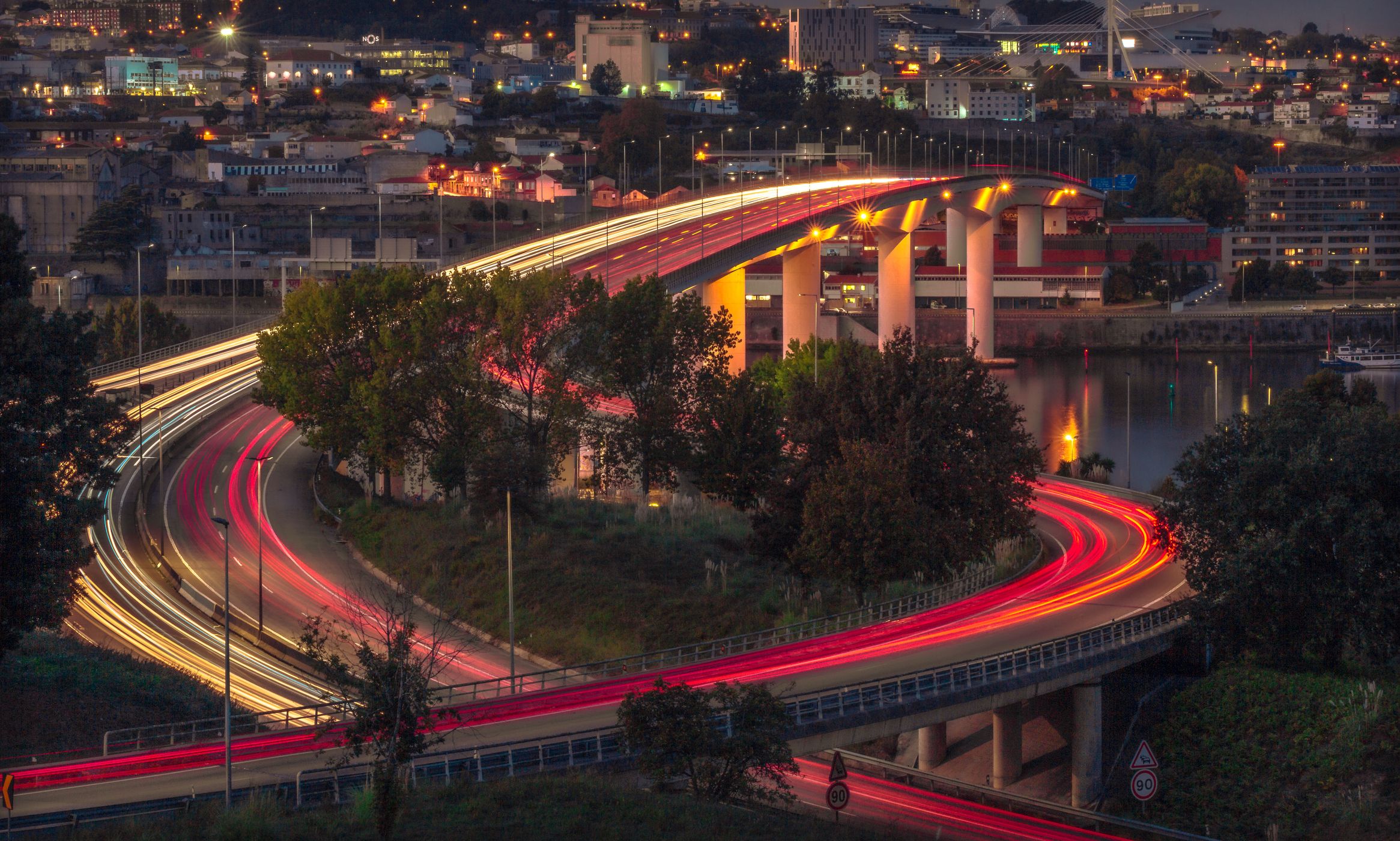 Flowing lights at Ponte do Freixo, Porto, Portugal
