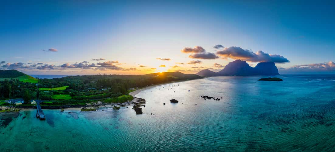 Drone Pano of jetty & Mountains, Lord Howe Island, NSW