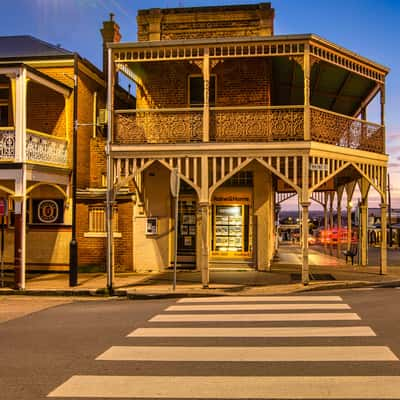 Old building on the corner sunrise, Gulgong, NSW, Australia