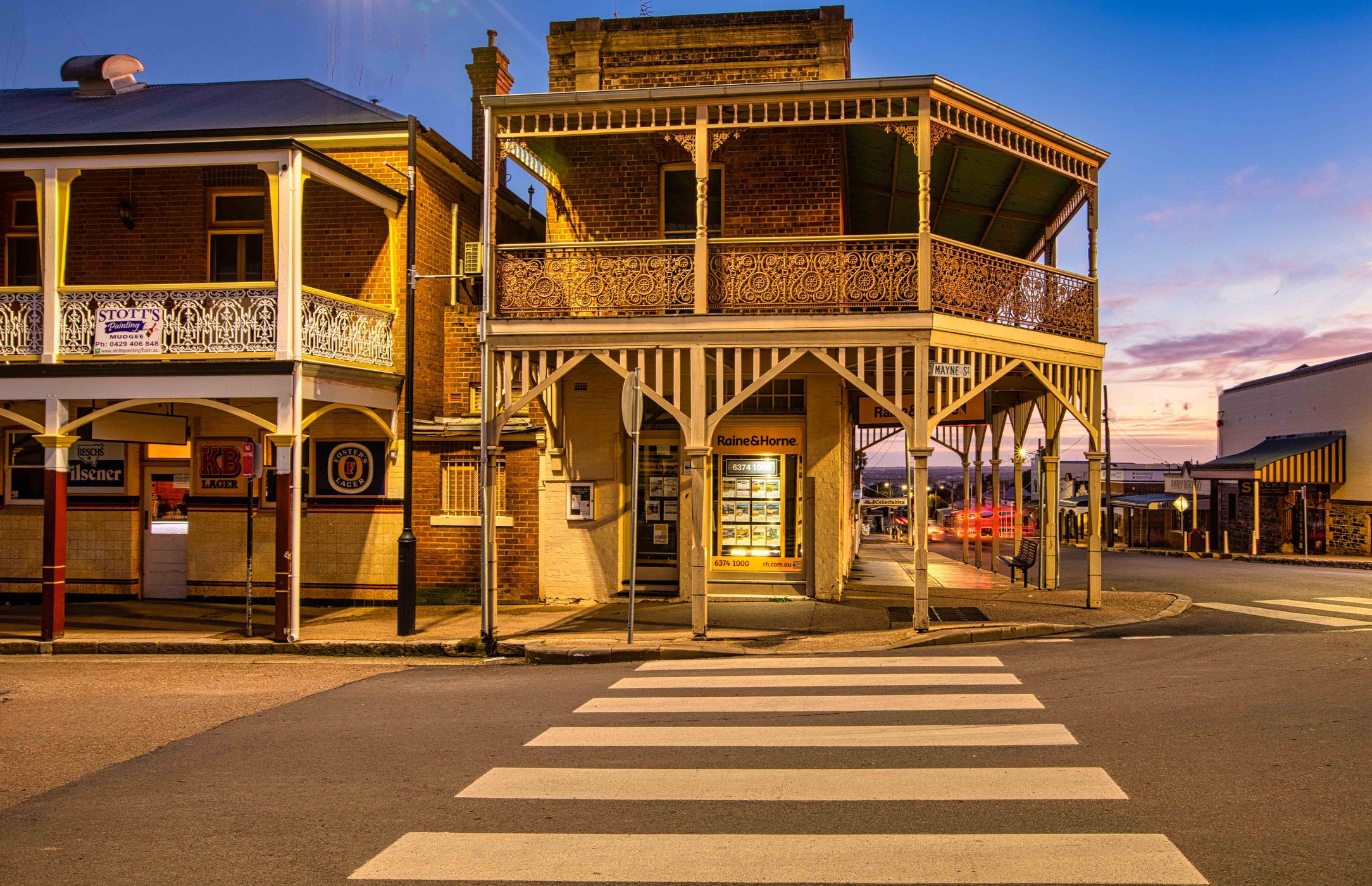 Old building on the corner sunrise, Gulgong, NSW, Australia