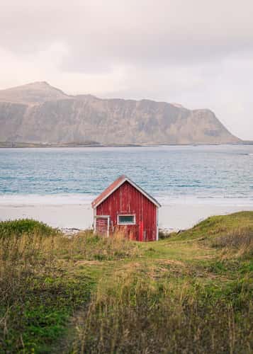 Red hut at Ramberg beach, Lofoten