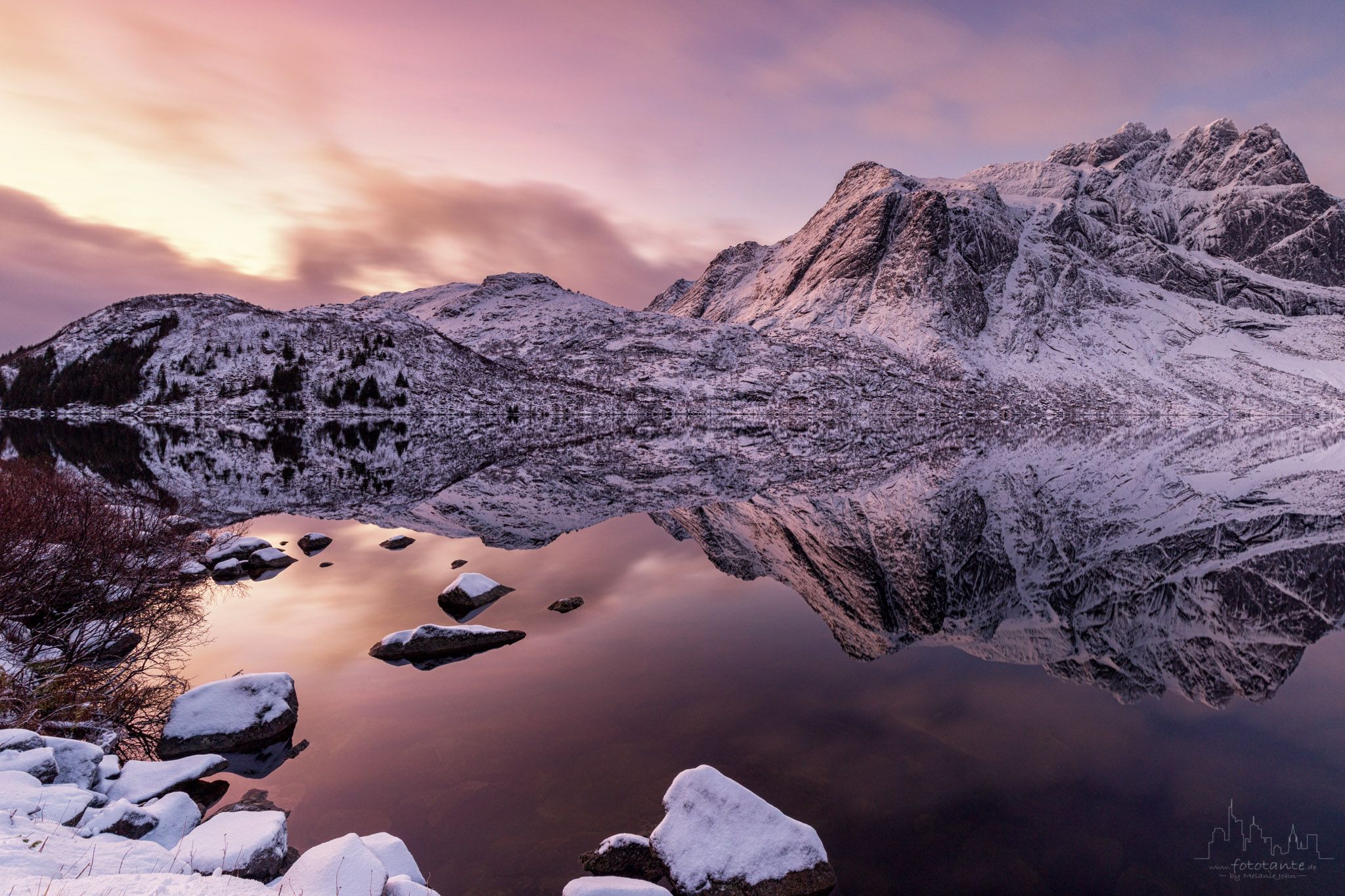 Storvatnet close to Nusfjord at dawn, Norway