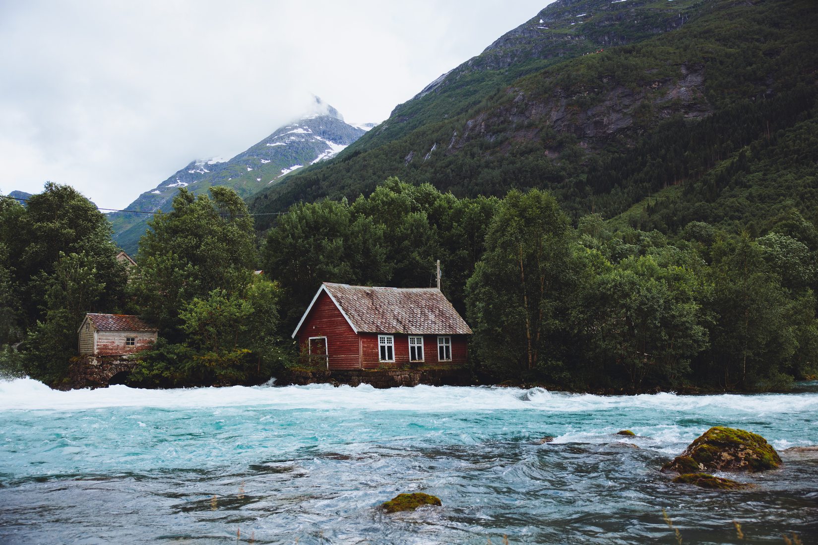 Log cabin hut Norway Norwegian Scandinavia Nordic waterfall
