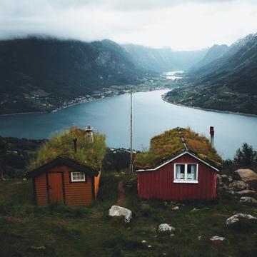 Rakssetra village, Loen. [drone], Norway