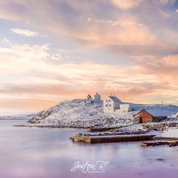 Fjøløy Lighthouse from coast, Norway