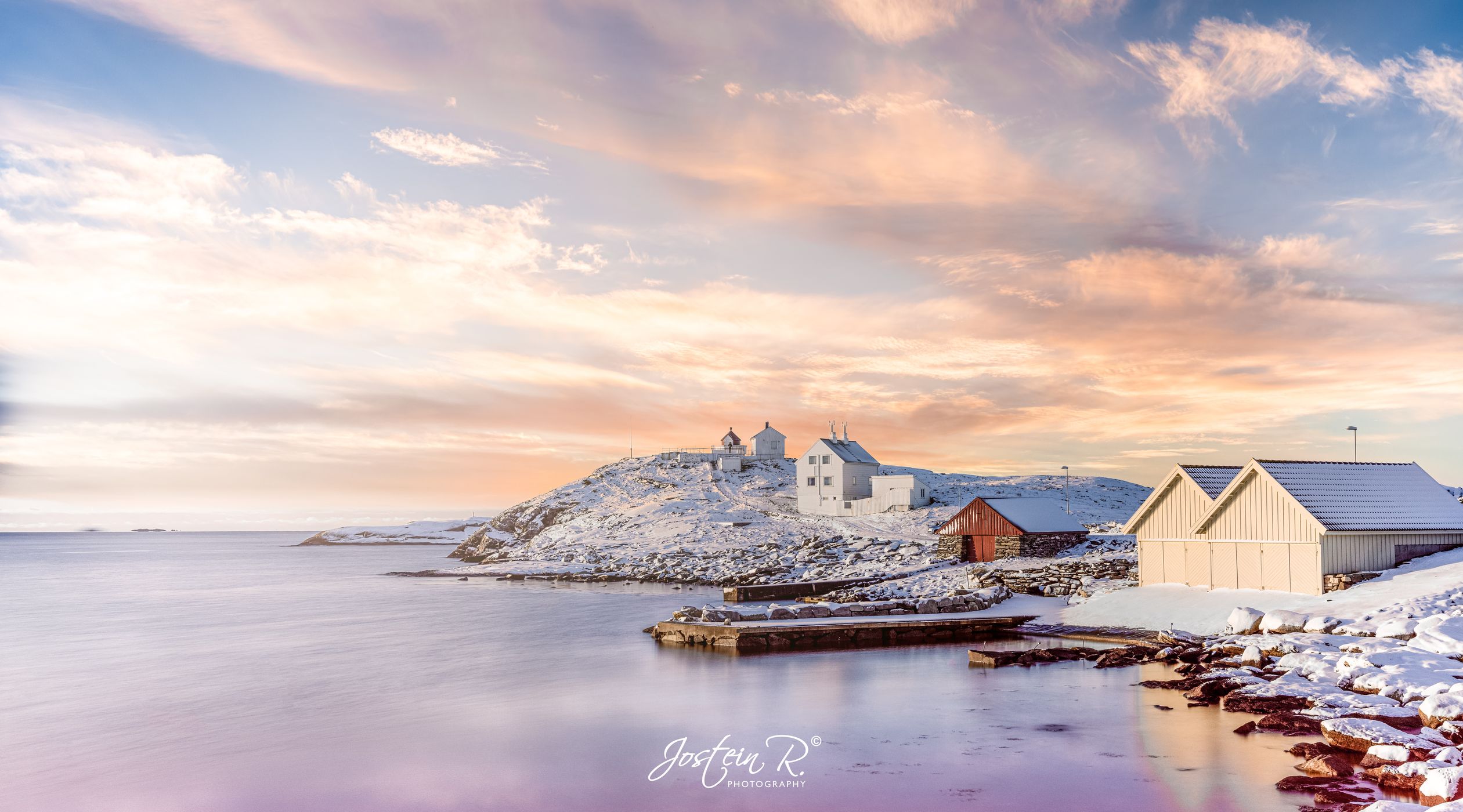 Fjøløy Lighthouse from coast, Norway