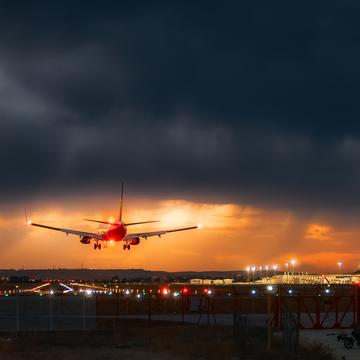 Planes from runway view at Seville Airport, Spain