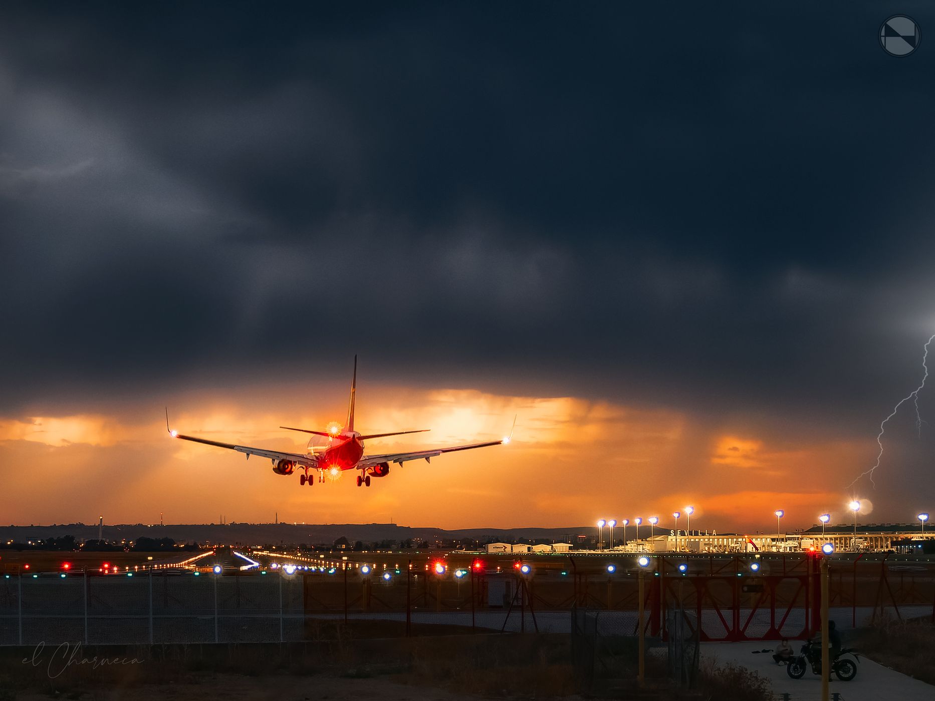 Planes from runway view at Seville Airport, Spain