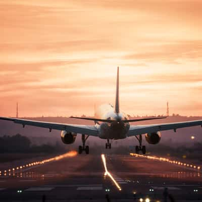 Planes from runway view at Seville Airport, Spain