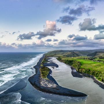 Awakino River meets the sea [Drone] Awakino, North Island, New Zealand