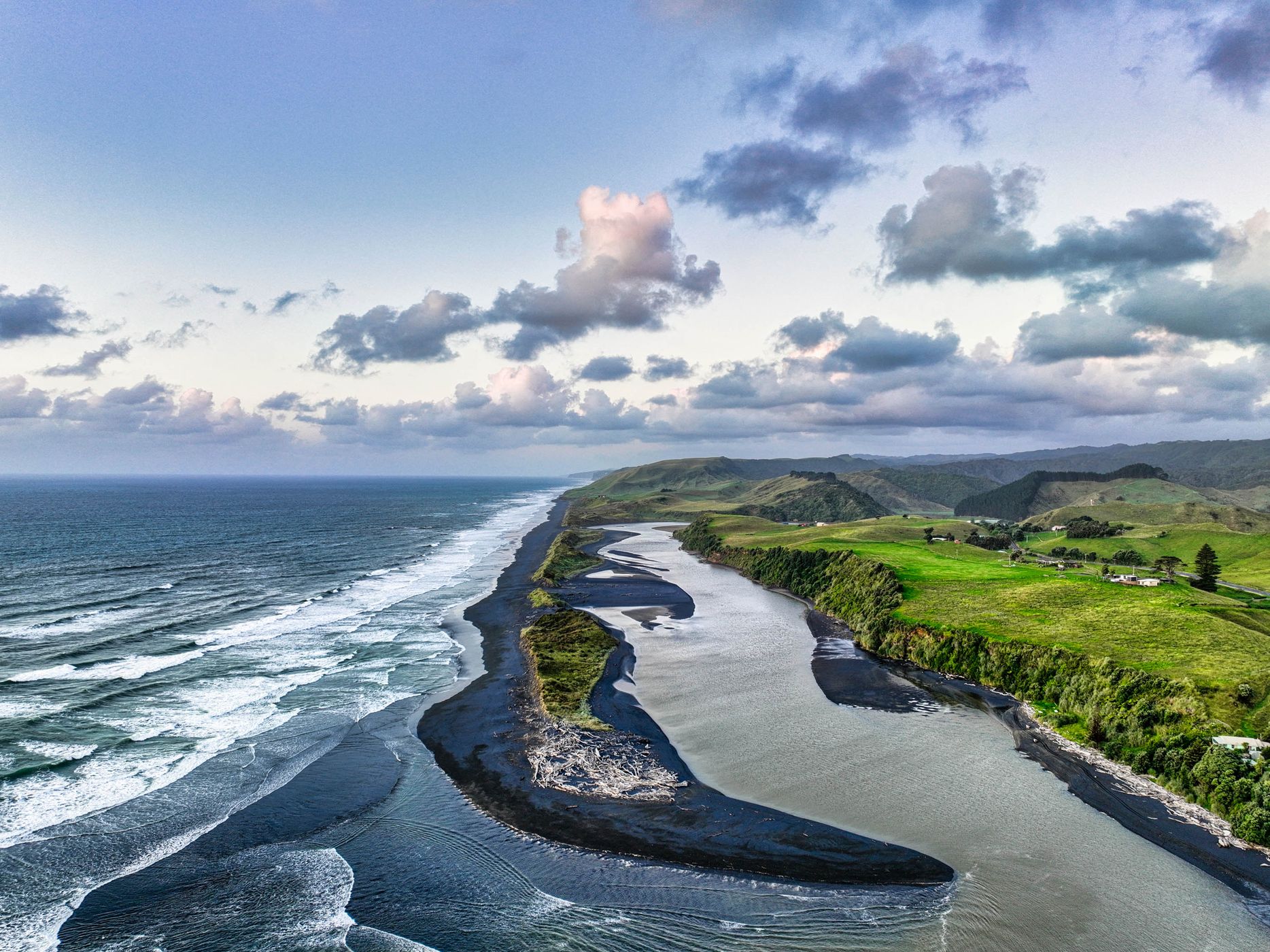 Awakino River meets the sea [Drone] Awakino, North Island, New Zealand