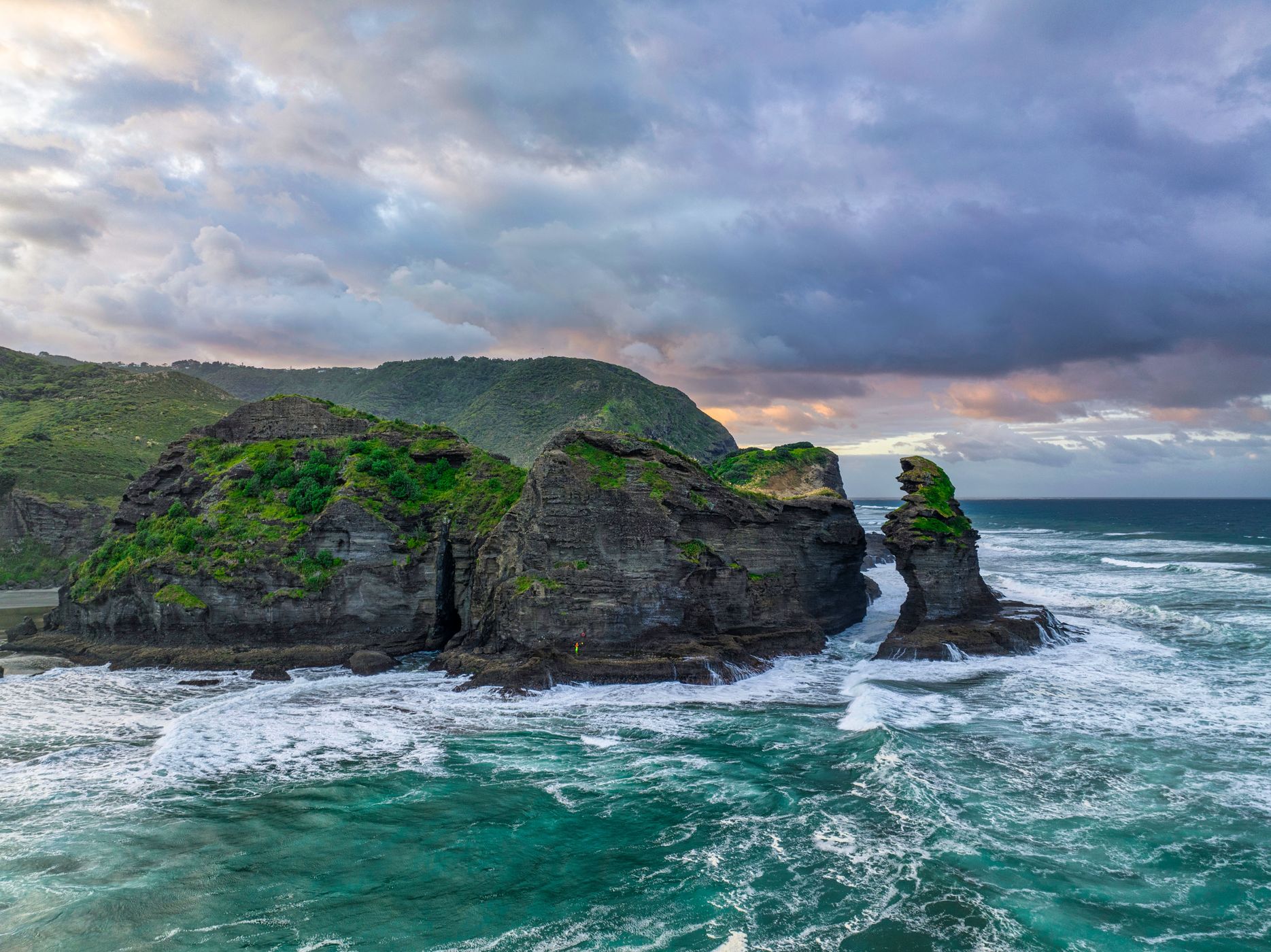 Drone sunrise Piha, North Island, New Zealand