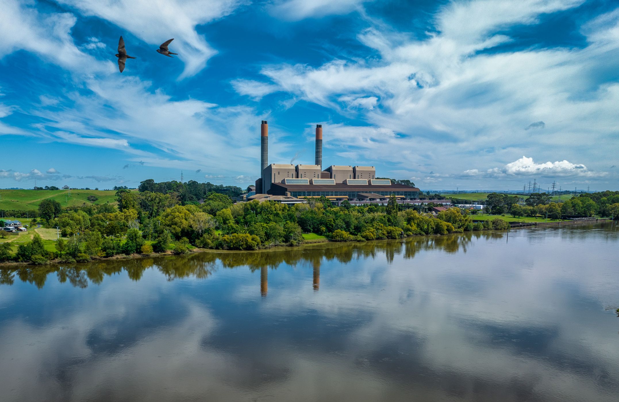 Power Plant, [Drone] Waikato River, Huntly, North Island, New Zealand