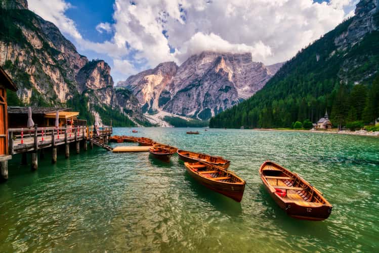 Wooden house on Lago Braies in Dolomites