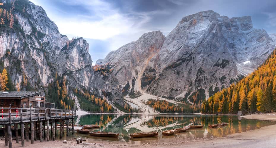 Wooden house on Lago Braies in Dolomites