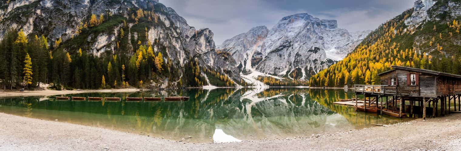 Wooden house on Lago Braies in Dolomites