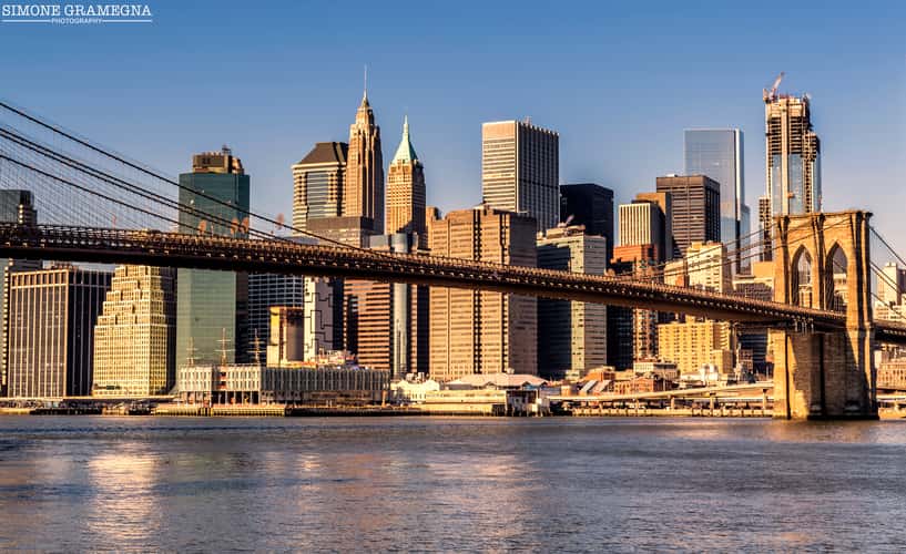 Brooklyn Bridge skyline from Pebble Beach, New York City