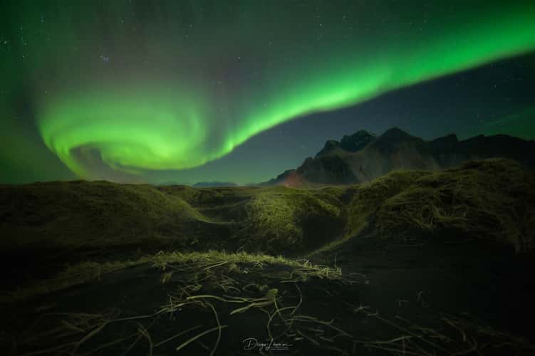 Northern Lights over Vestrahorn Mountain from Stokksnes