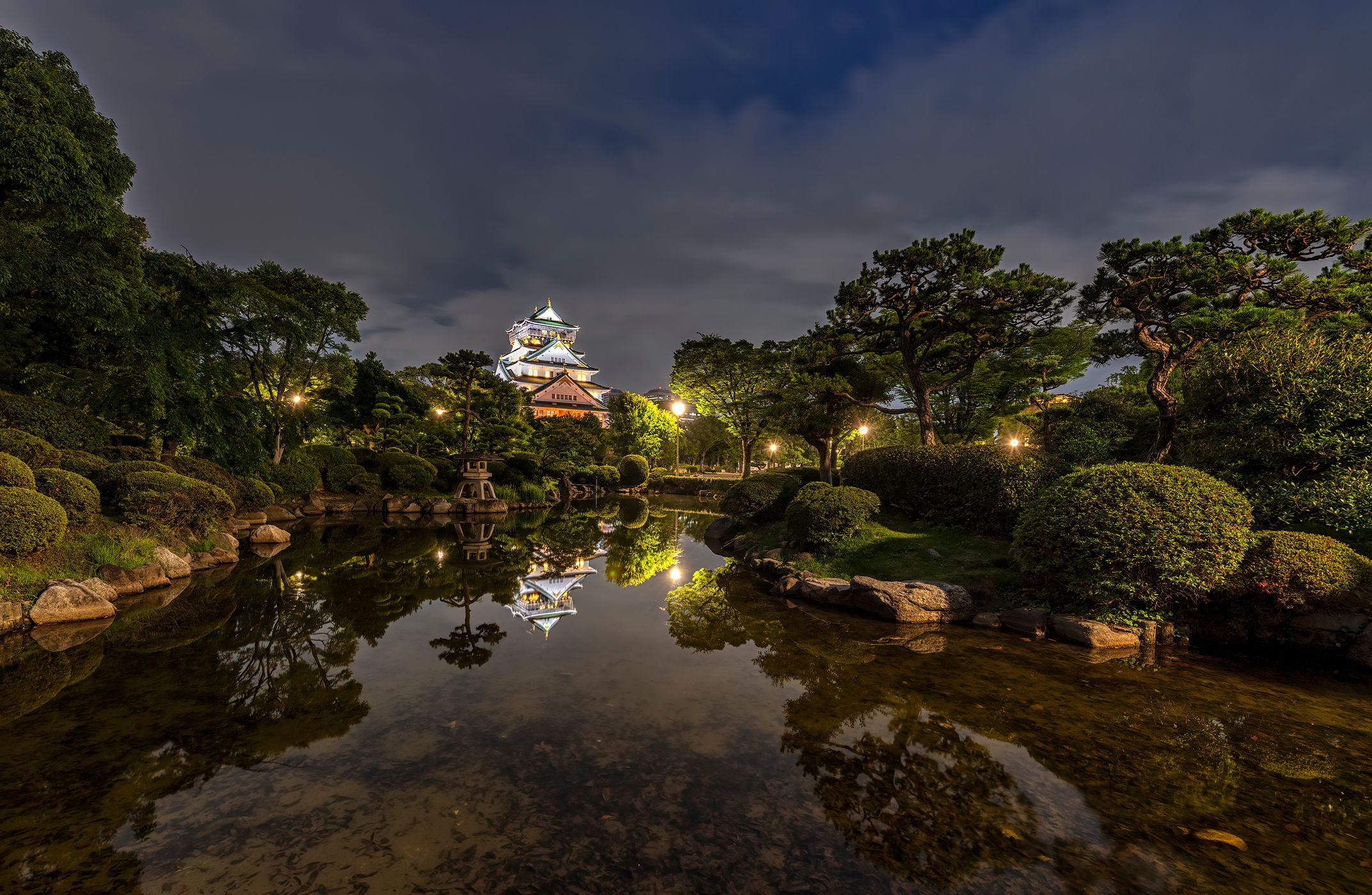 Zen garden shot of Osaka Castle, Japan