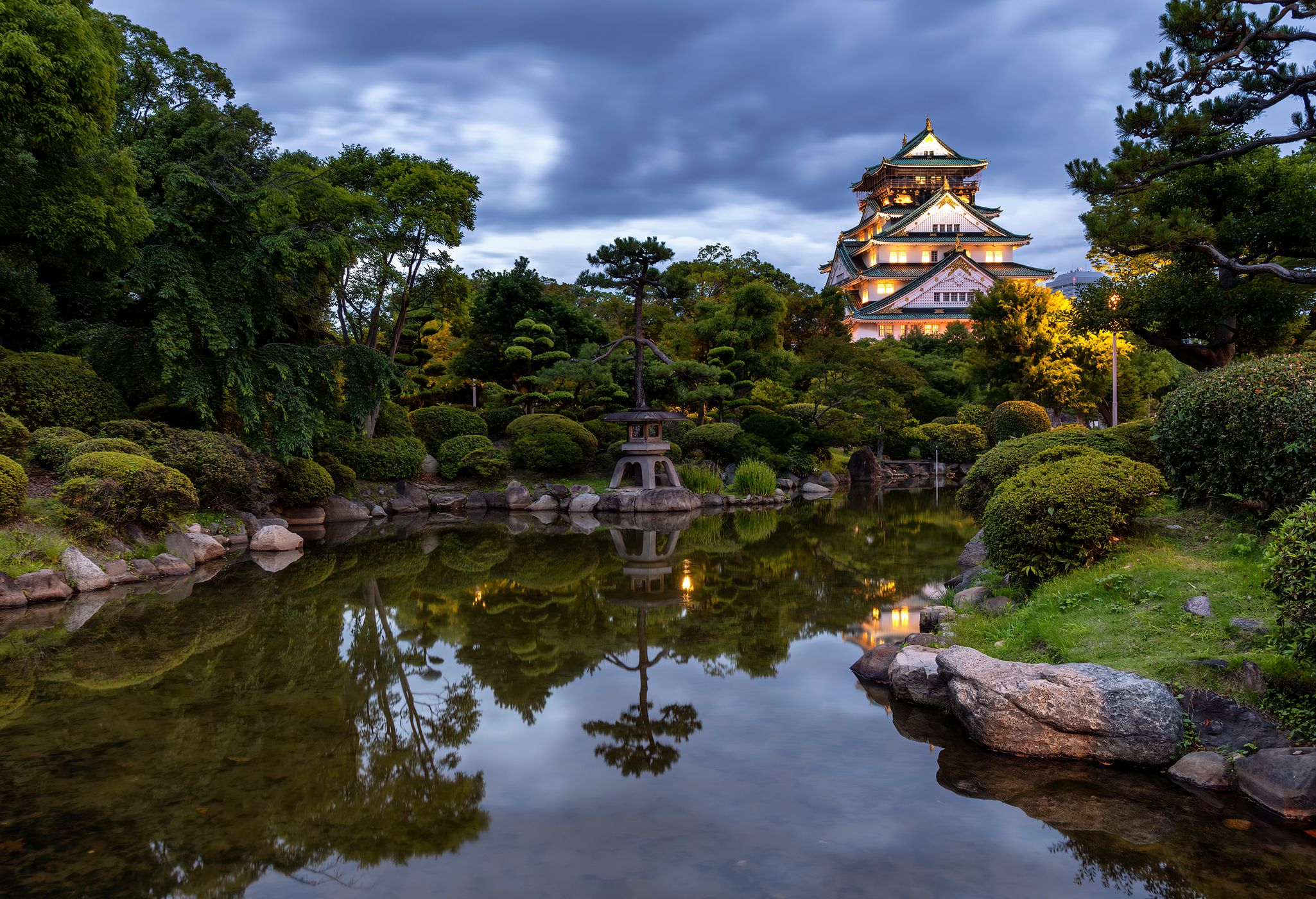 Zen garden shot of Osaka Castle, Japan