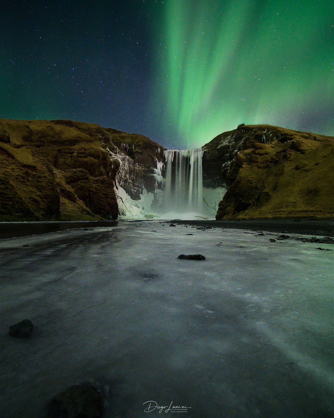 Skogafoss waterfall at night, Iceland