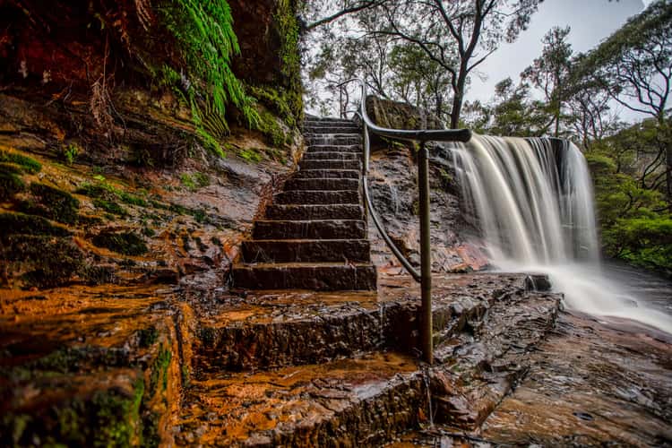 Stairs and falls Weeping Rock, Wentworth Falls, NSW