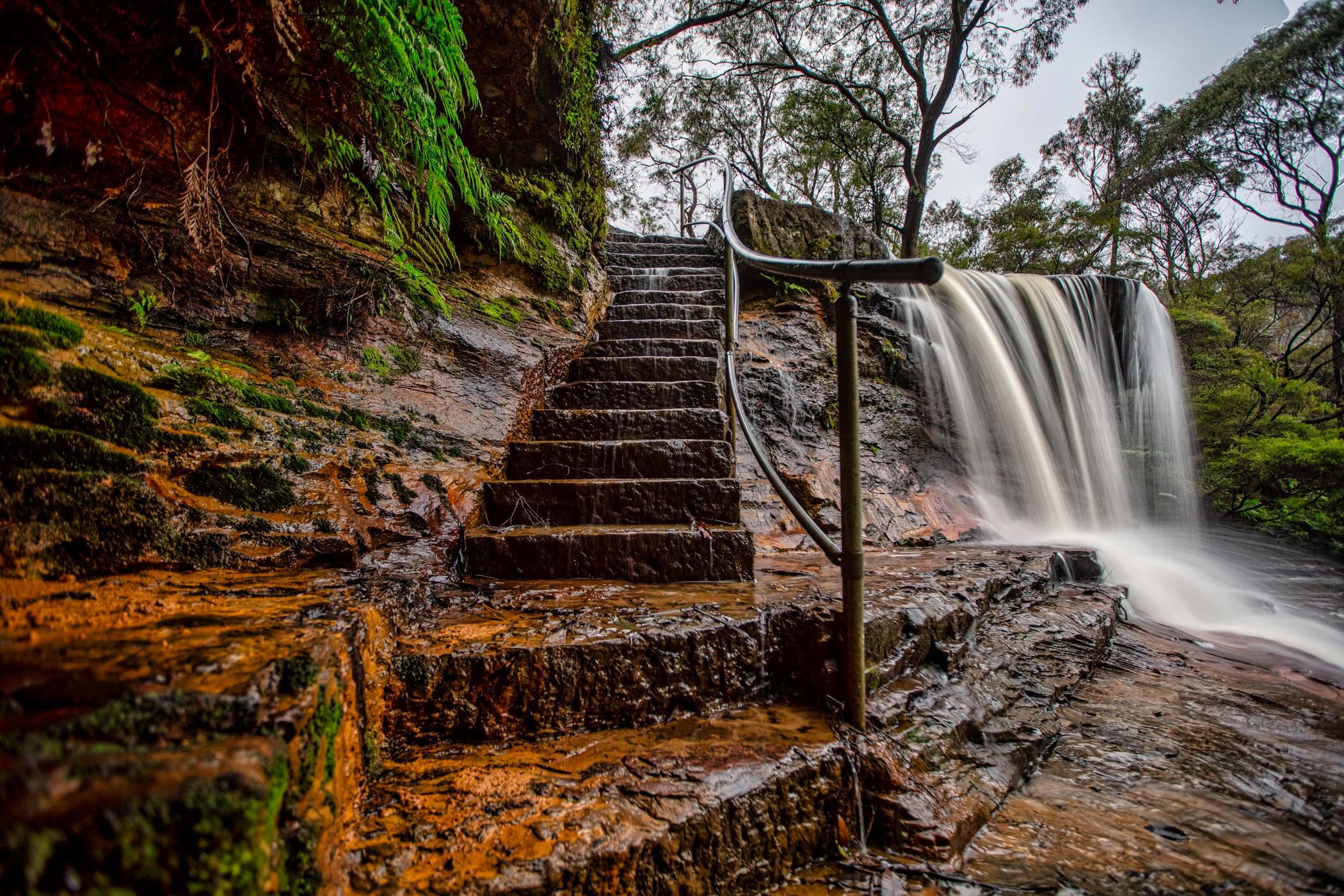 Stairs and falls Weeping Rock, Wentworth Falls, NSW, Australia