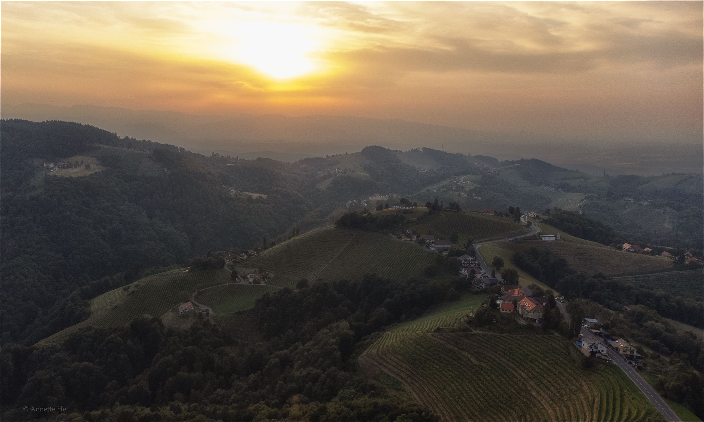 Sunset over wineyard [Drone], Austria