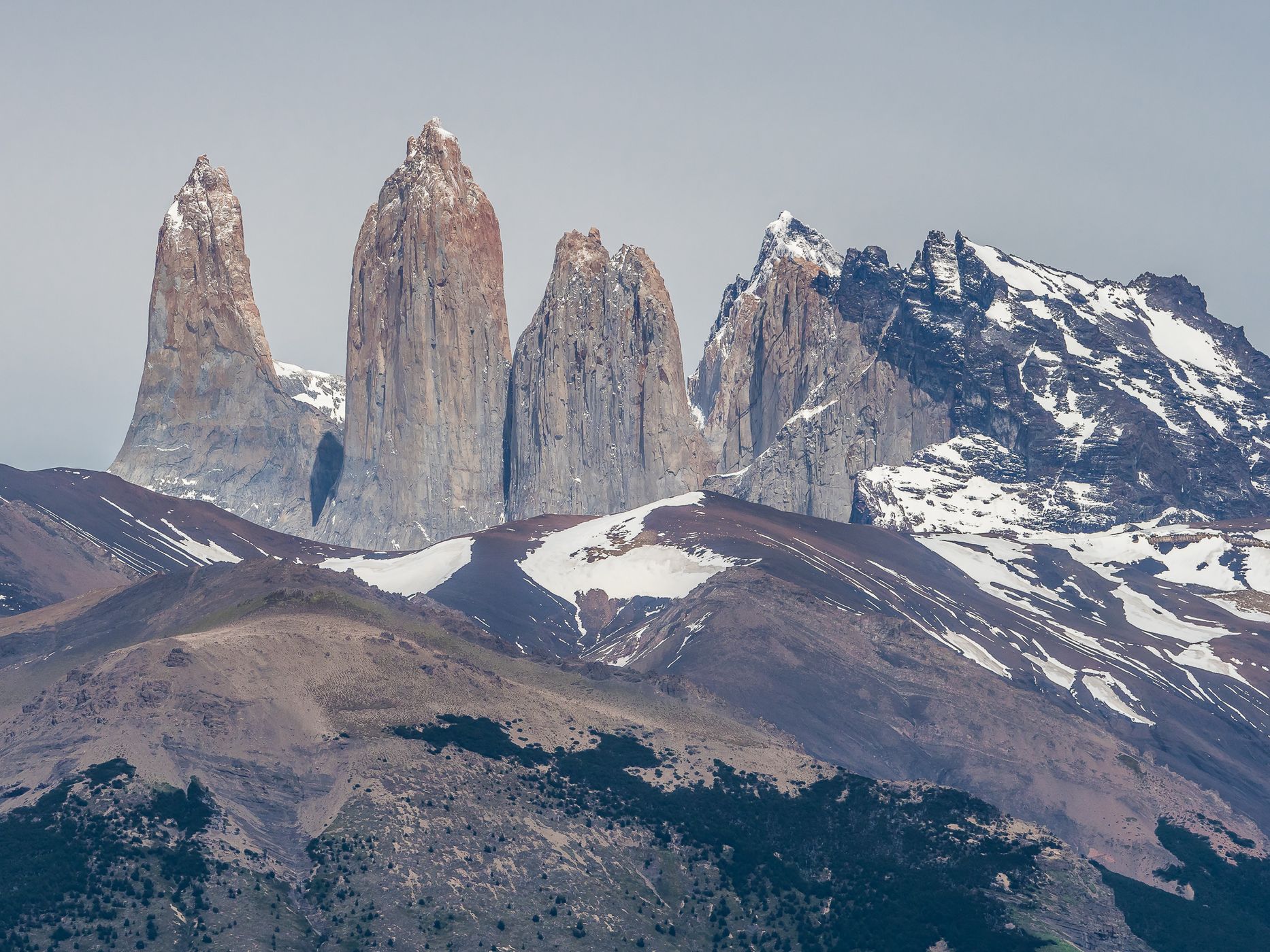 View across Laguna Azul to the Torres del Paine, Chile