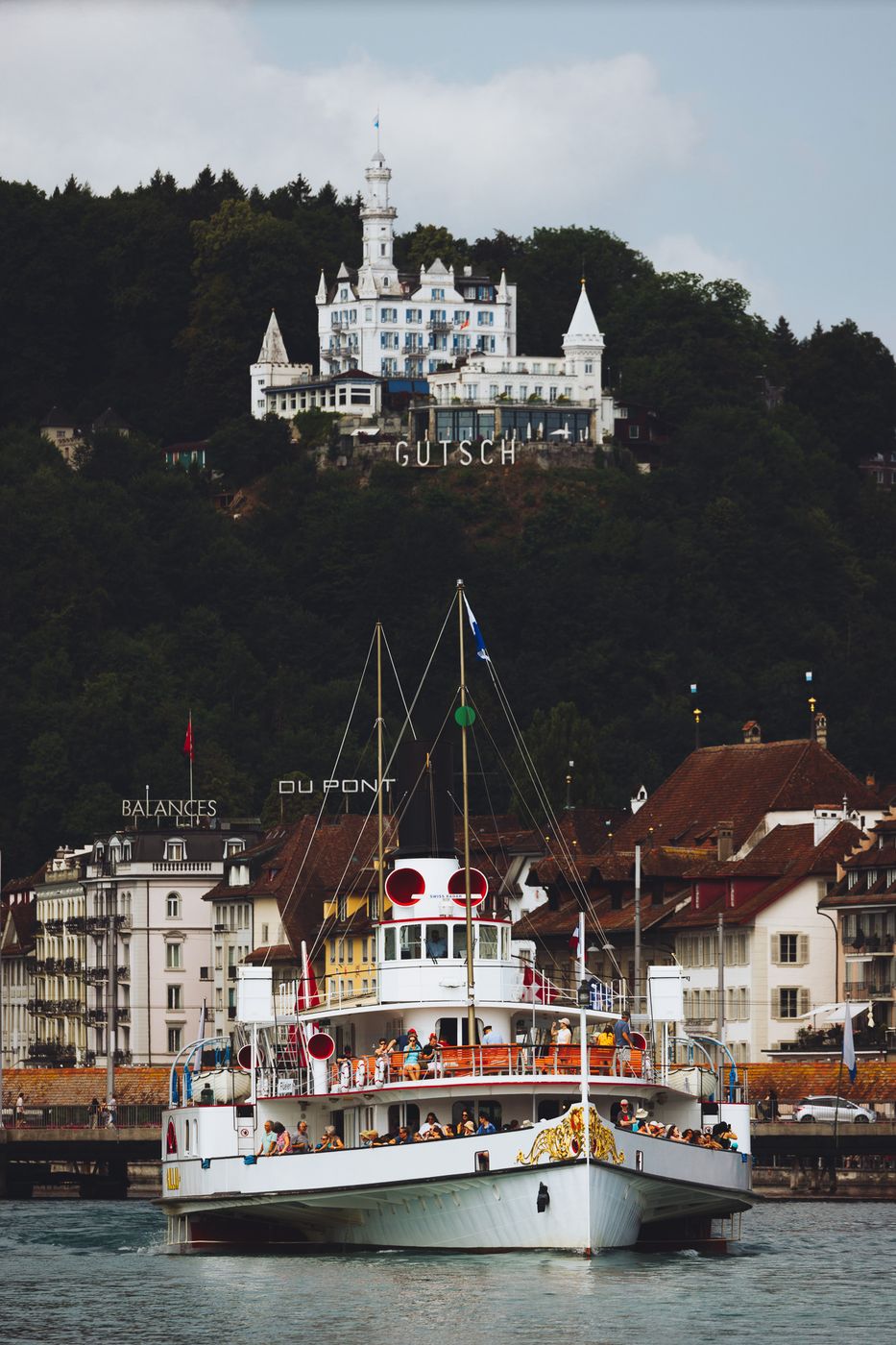 Boat and Chateau Gütsch view, Lucerne, Switzerland