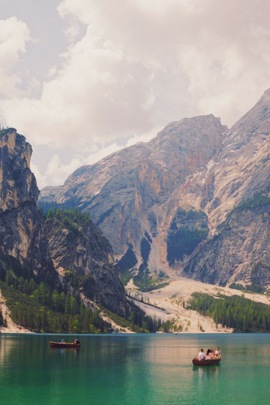 View from the Pier at Lago di Braies Prager Wildsee, Dolomites, Italy