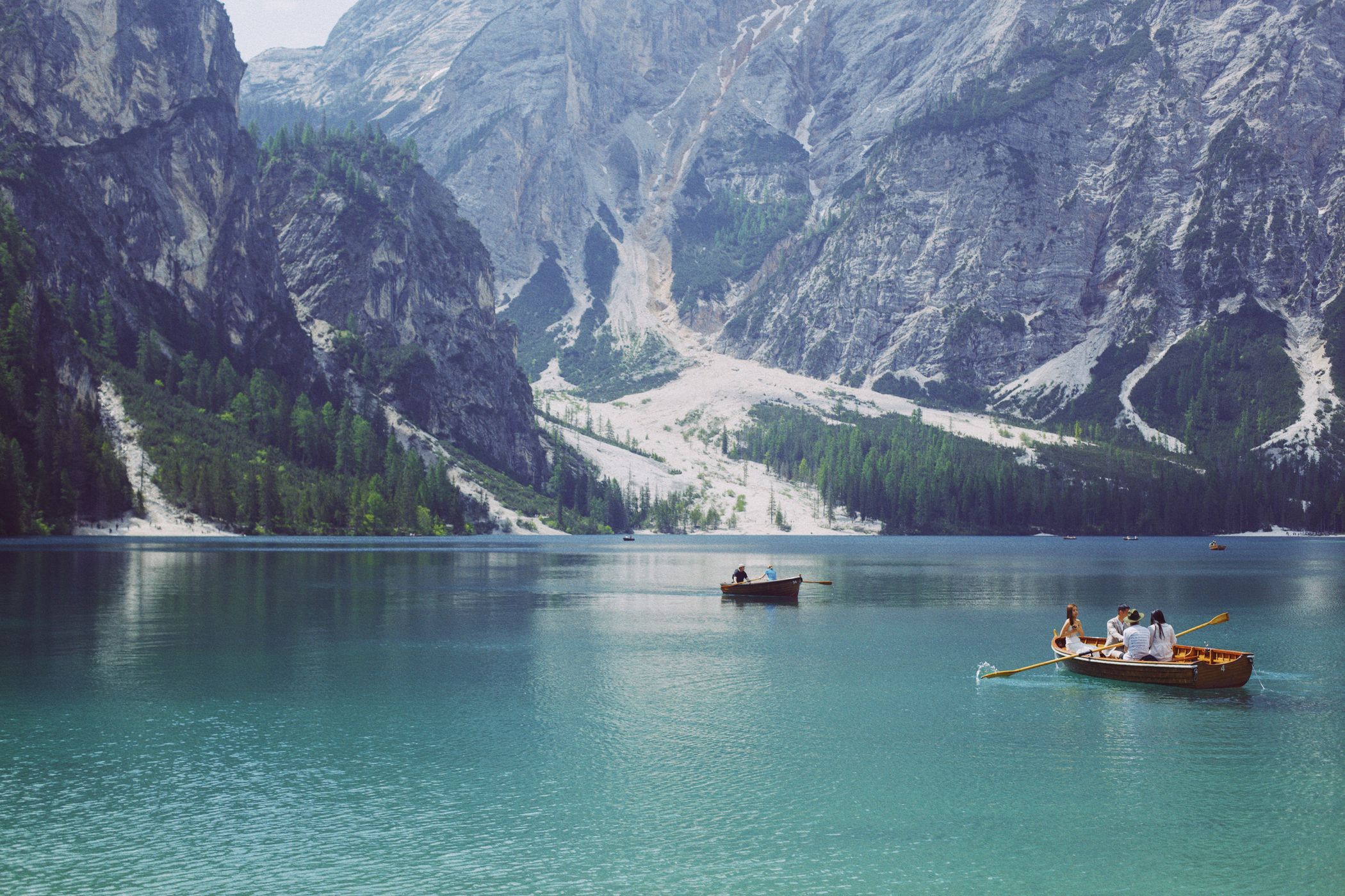 View from the Pier at Lago di Braies Prager Wildsee, Dolomites, Italy