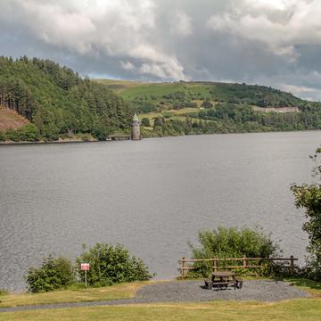 Lake Vyrnwy: looking across to the straining tower, United Kingdom