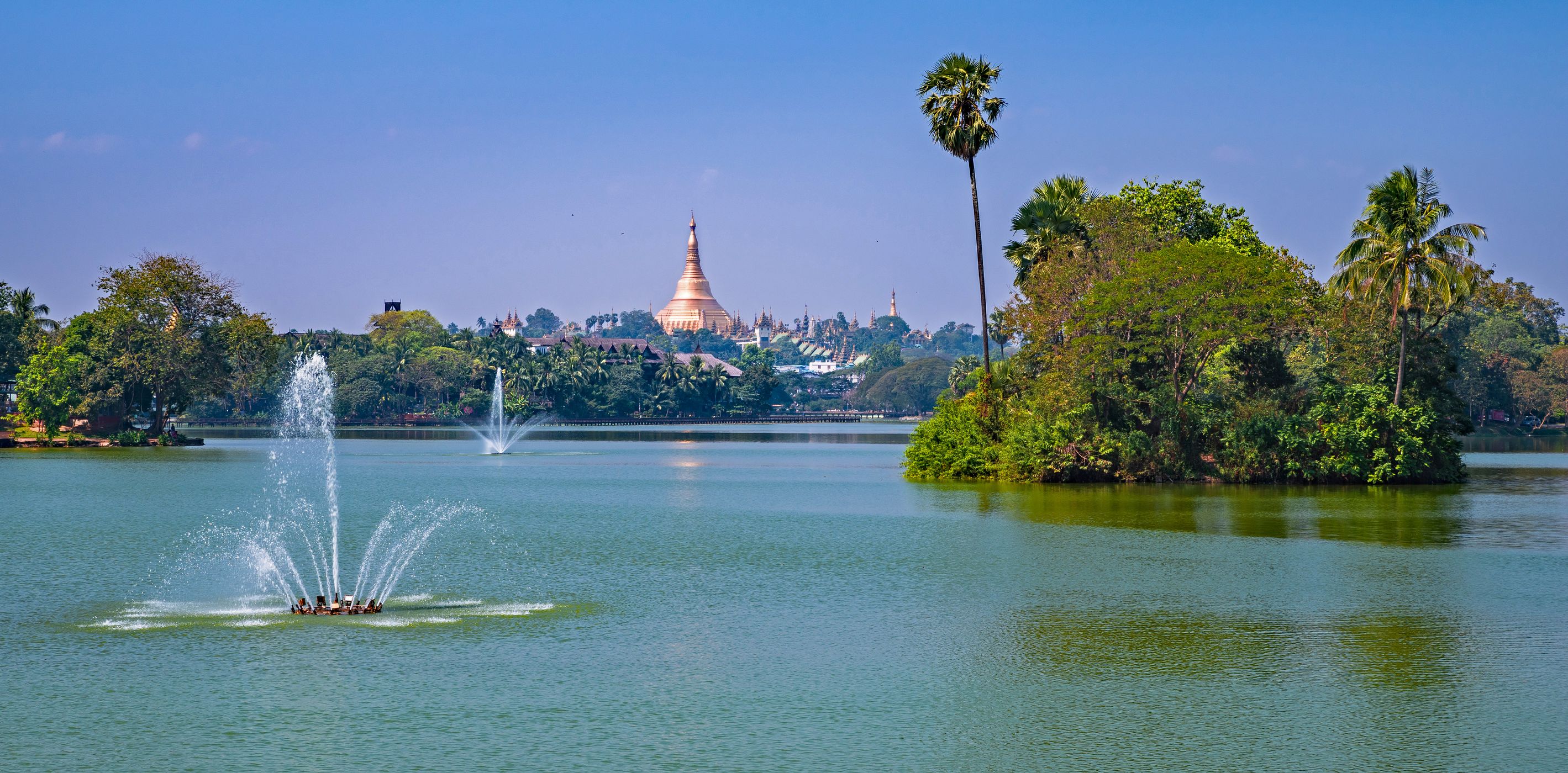 Shwedagon Pagoda seen from Karaweik Lake, Myanmar