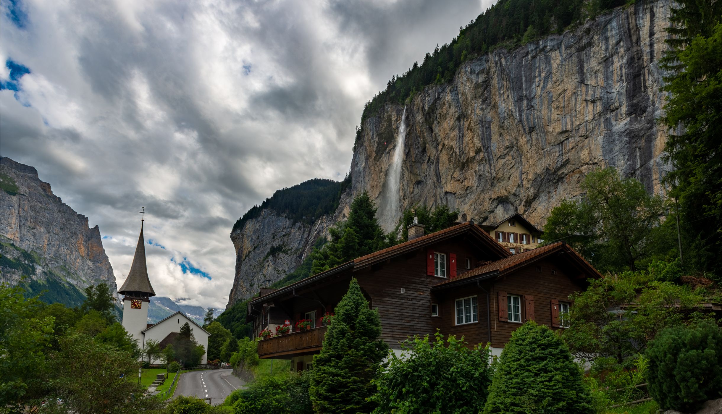 Church of Lauterbrunnen with waterfall, Switzerland