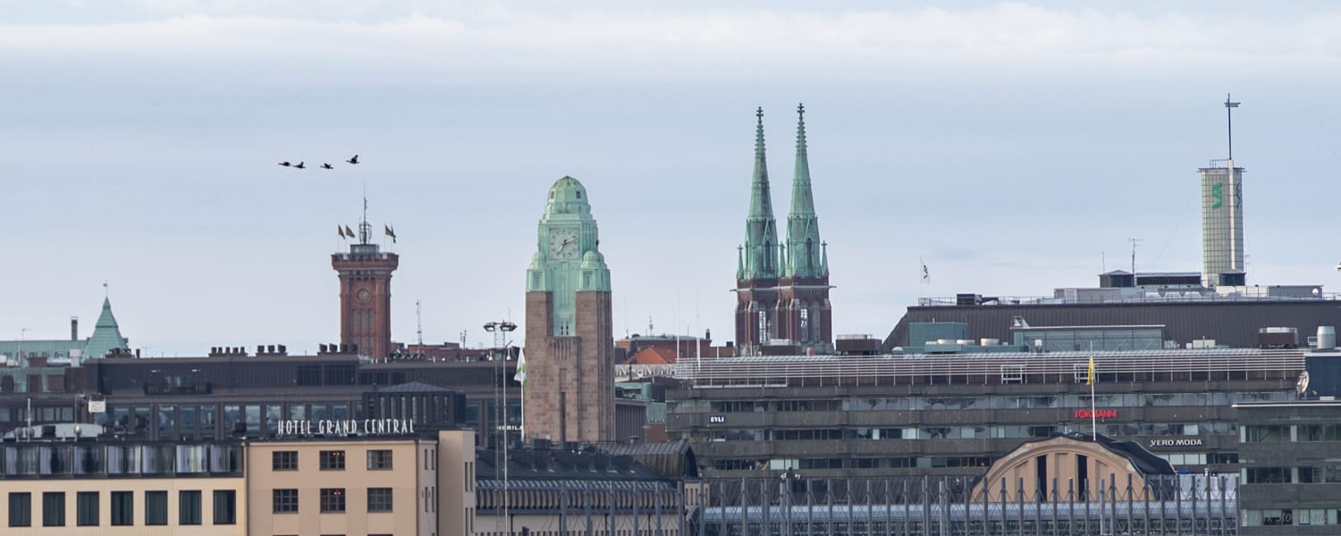 Helsinki skyline from Linnunlaulunsilta bridge, Finland