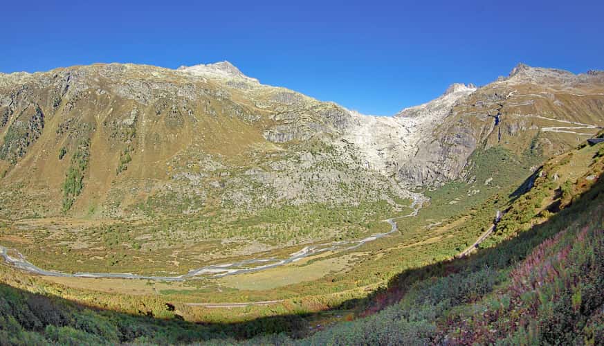 The former Rhone Glacier and the Furka Pass Road