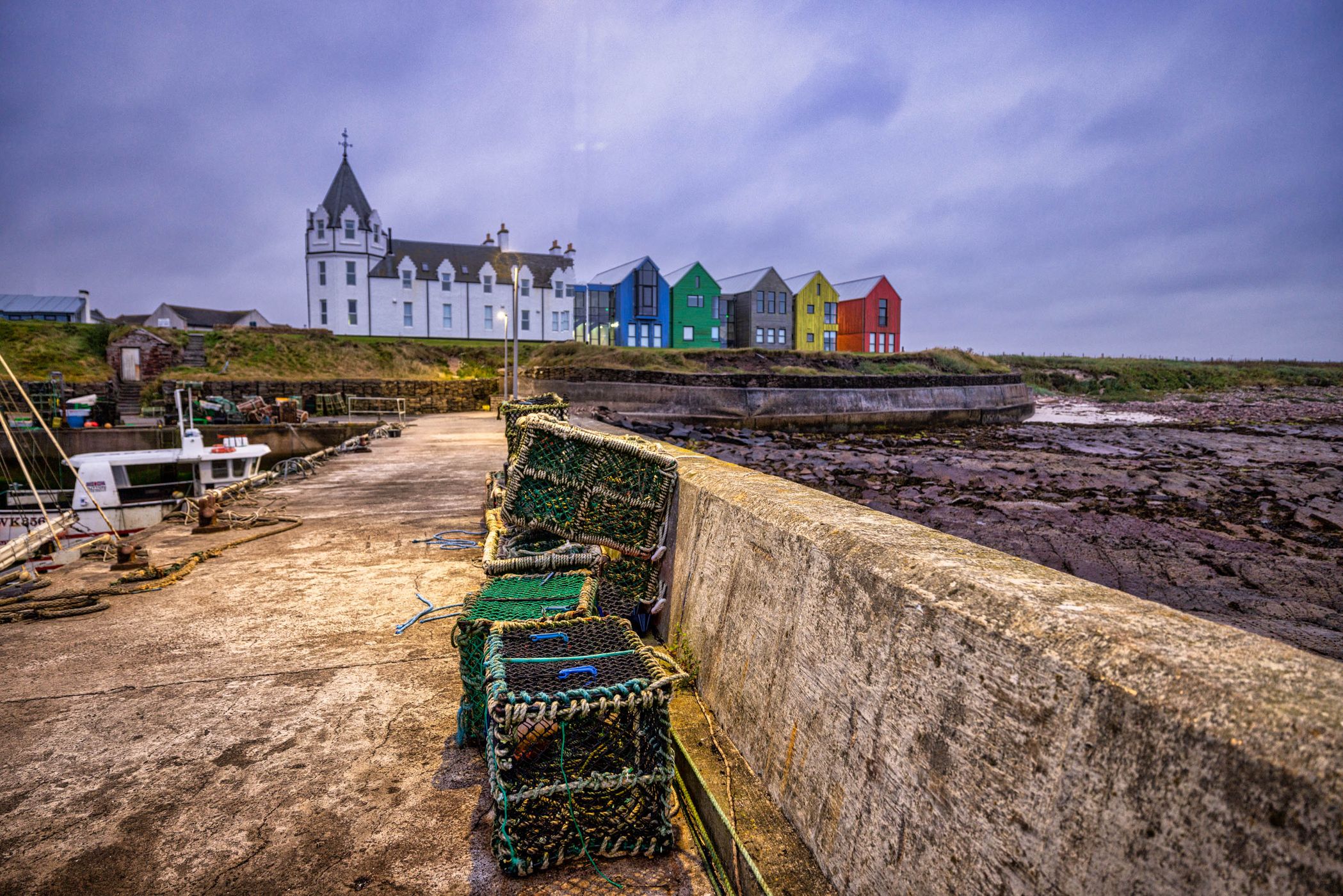 Fishing Baskets and John O Groats house, Scotland, UK, United Kingdom