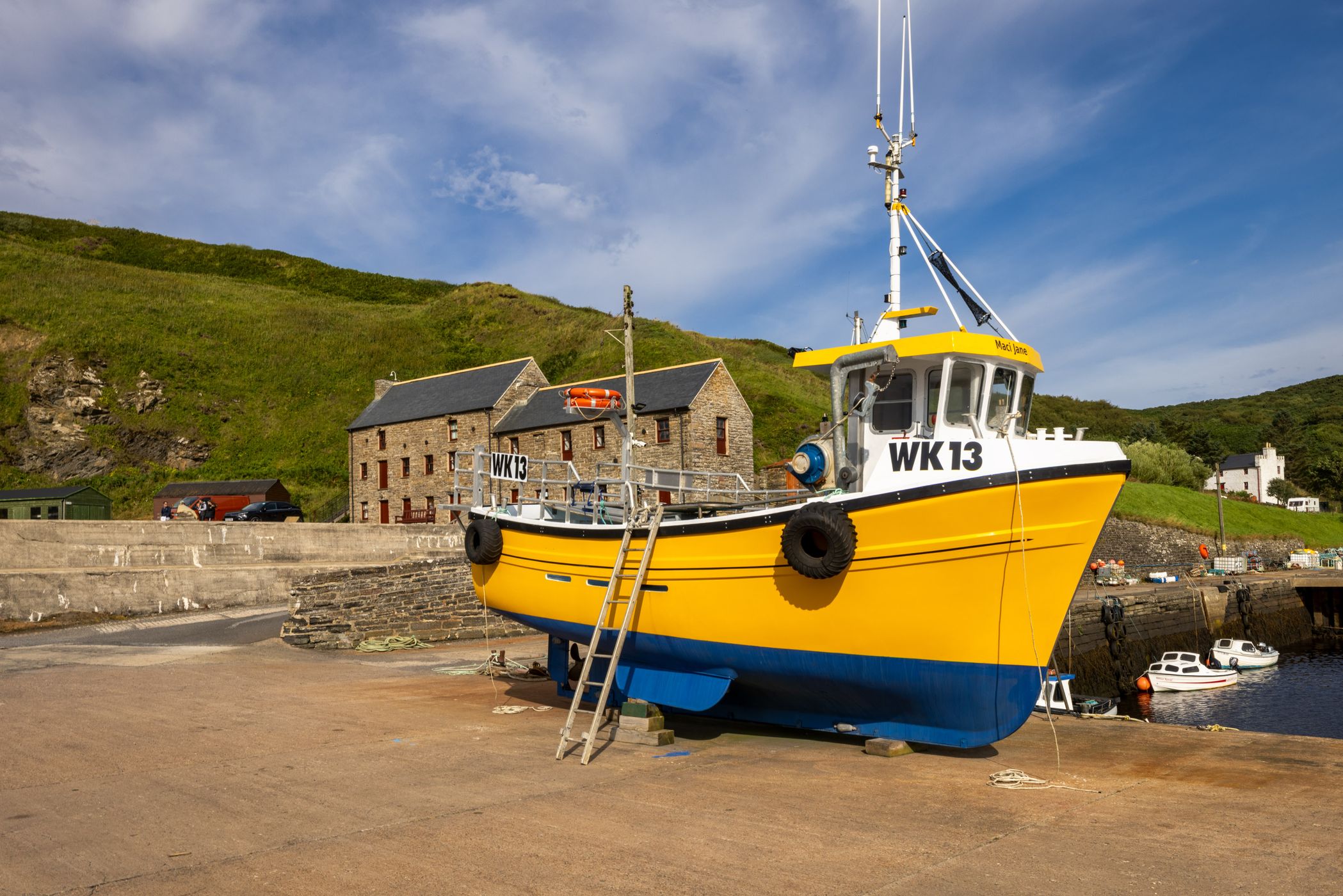 Fishing boat Lybster Lighthouse, Scotland, UK, United Kingdom