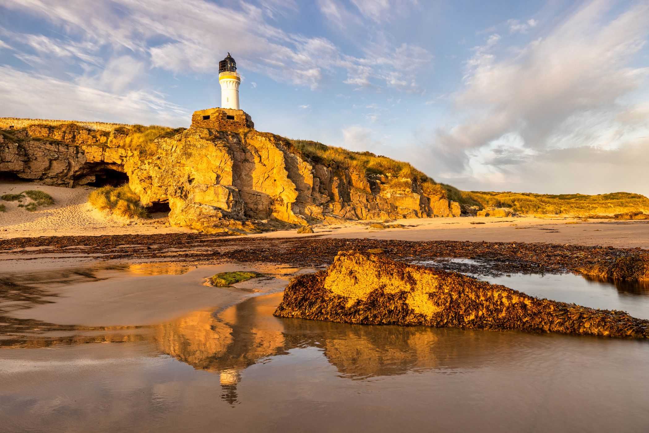 From the beach, Covesea Lighthouse, Scotland, UK, United Kingdom